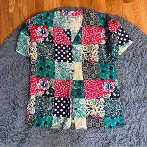 Vintage Silk Exchange Patchwork Short Sleeve Silk Blouse Size M